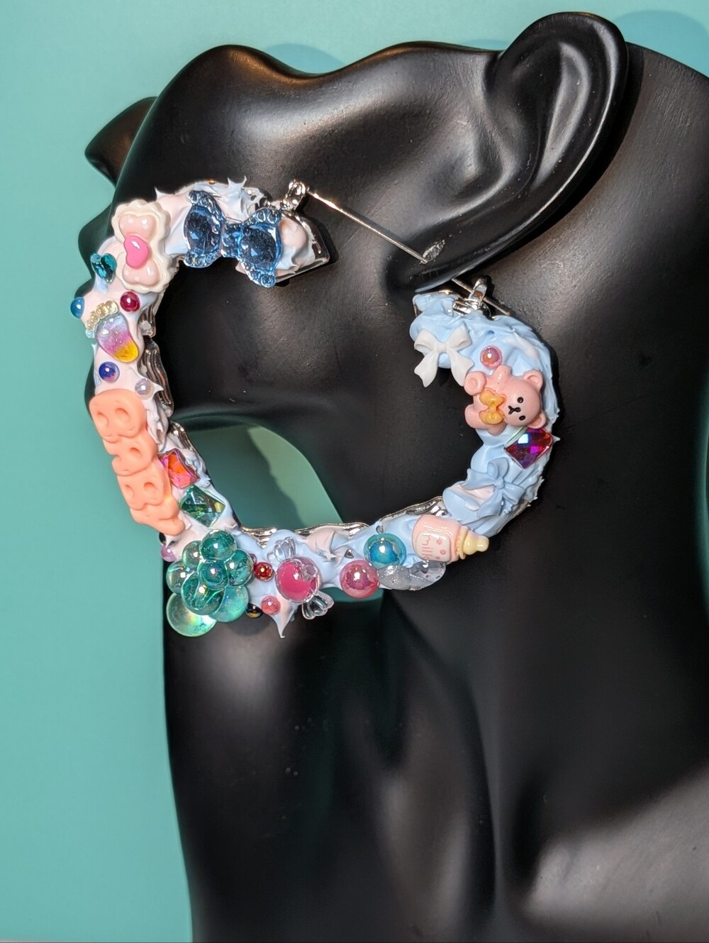 Hand Crafted Decoden Pastel Blue & Pink Baby Charm XL Hoop Earrings For Mom